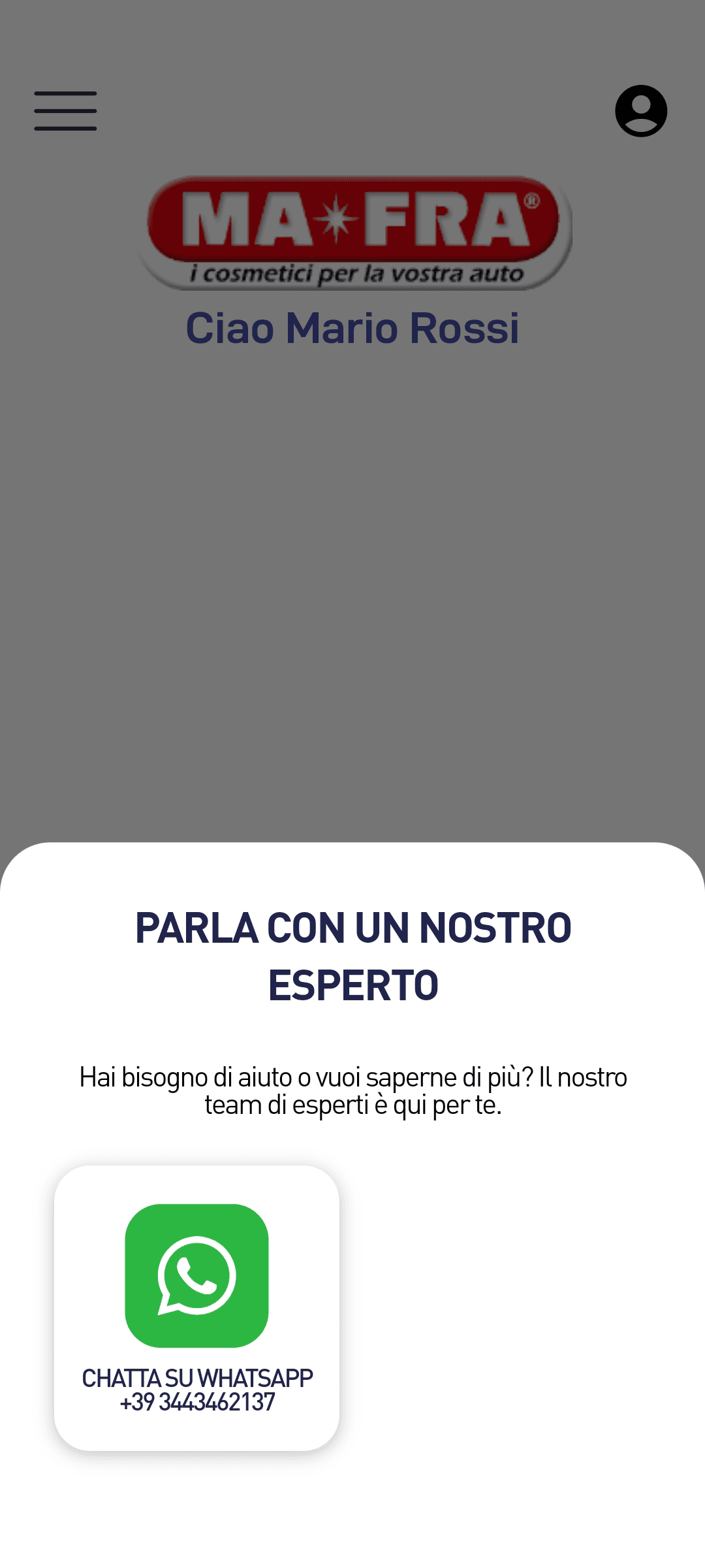 Schermata di contatto con un esperto MA-FRA su WhatsApp