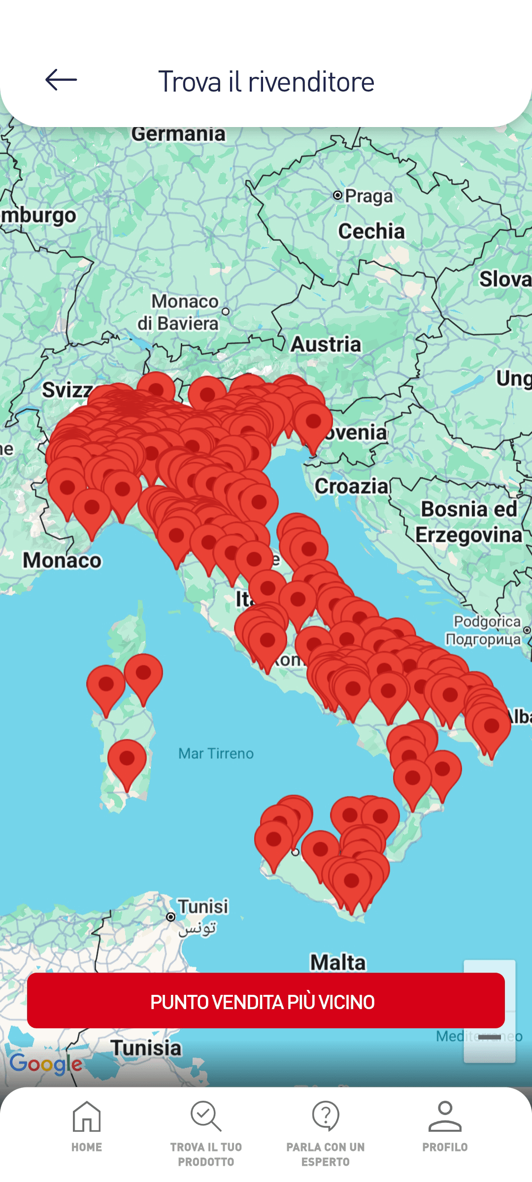 Mappa dei rivenditori MA-FRA nell'app